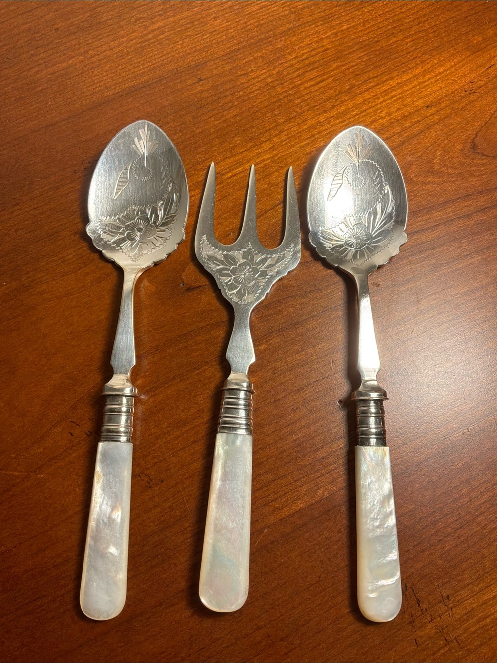 Mother of Pearl Handle Serving Fork and Spoons - White Iridescent (EPNS)